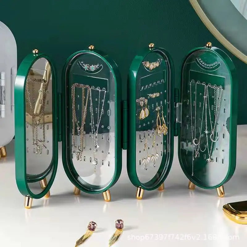 Foldable Jewelry Organizer with Mirror – Earring, Necklace & Ring Holder